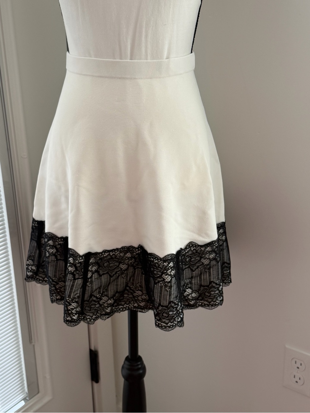bebe White A-Line Skirt with Black Lace Hem